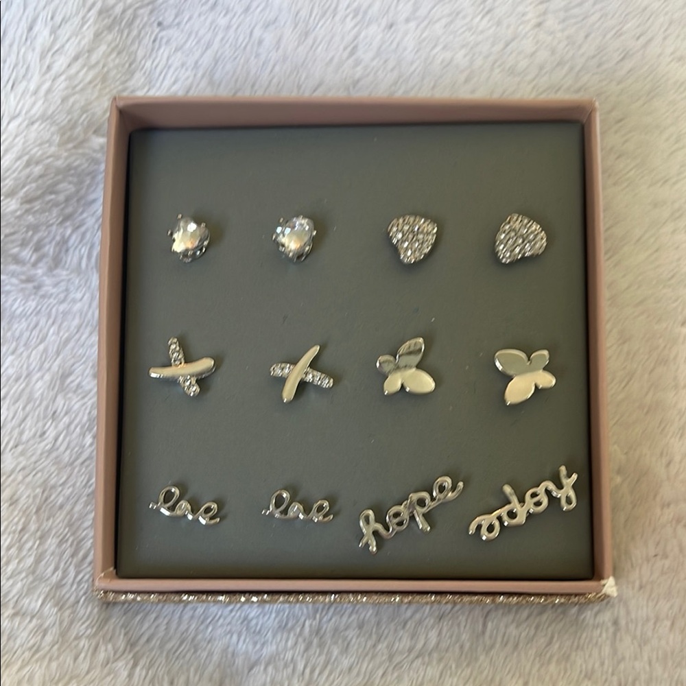 New 8 pairs, silver toned earrings with rhinestones love Hope heart butterflies